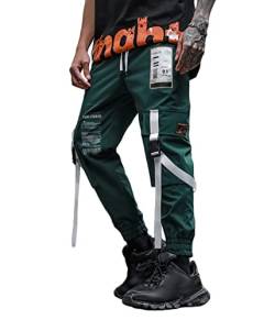 shownicer Herren Techwear Hosen Hip Hop Jogger Cargo Pants Baggy Streetwear Punk Hose mit Taschen Tapered Hosen Schnalle Riemen Sweatpants I Grün S von shownicer