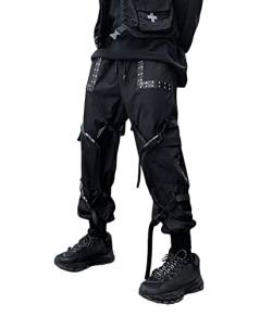 shownicer Herren Techwear Hosen Hip Hop Jogger Cargo Pants Baggy Streetwear Punk Hose mit Taschen Tapered Hosen Schnalle Riemen Sweatpants P Schwarz XXL von shownicer