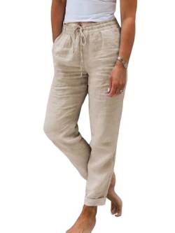 shownicer Hose Damen Sommer Leinenhose Casual Baumwolle Leinen Stoffhose Einfarbig Freizeithose Stretch Leicht Leinenhose Strandhose Straight Leg Hose und Taschen A Khaki M von shownicer