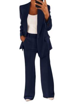 shownicer Hosenanzug Damen Elegant Business Anzug Set 2-teilig Slim Fit Blazer + Elastisch Hohe Taille Hose Outfit Casual Sportlich Freizeitanzug Zweiteiler Einfarbig Streetwear A Marine XXL von shownicer