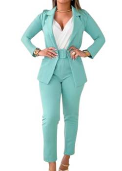 shownicer Hosenanzug Damen Elegant Business Anzug Set Hosenanzug Blazer Hose Einfarbig Revers Büro Zweiteiler Hosenanzug 2 Teilig Anzug Slimfit Festlich Damenanzug A Grün L von shownicer