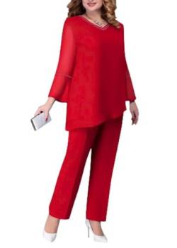 shownicer Hosenanzug Damen Festlich Elegant 2 Teiler Chiffon Shirt Und Hohe Taille Hosenanzug Große Größen Tüll Abendanzug Sets Zweiteiler Outfit Set Brautmutter Anzug B Rot 3XL von shownicer