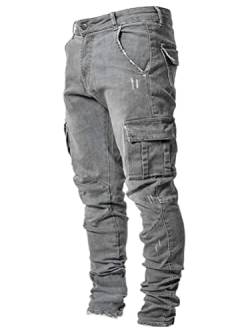 shownicer Jeans Herren Slim Fit Jeanshose Stretch Denim Jeans Hose Männer Jeanshose Destroyed Hosen Tapered Fit Cargohose Herren Cargo Hose Regular Fit Jeans A Grau M von shownicer