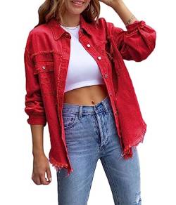 shownicer Jeansjacke Damen Jeans Jacke Langarm Vintage Jean Mantel Einfarbig Denim Jacken Kurze Jeansjacke Leichte Jacken Mantel Outwear Vintage Streetwear A Rot L von shownicer