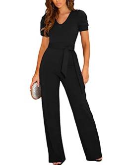 shownicer Jumpsuit Damen Kurzarm V-Ausschnitt Elegant Lang Playsuit Einfarbig Hosenanzug Playsuit Romper Weite Bein-Strampler Overall mit Gürtel A Schwarz 3XL von shownicer