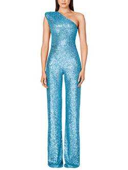 shownicer Jumpsuit Damen Pailletten Jumpsuit Eine Schulter Elegant Overall Sommer Ärmellos Einteiler Lang Overall Hosenanzug Hohe Taille Romper A Blau L von shownicer