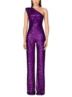 shownicer Jumpsuit Damen Pailletten Jumpsuit Eine Schulter Elegant Overall Sommer Ärmellos Einteiler Lang Overall Hosenanzug Hohe Taille Romper A Violett S von shownicer