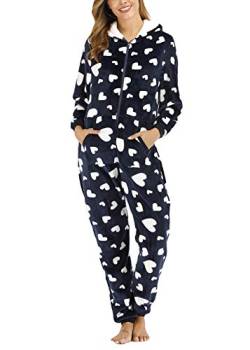 shownicer Jumpsuit Damen Schlafanzug Onesie Schlafoveralls mit Kapuze Einteiler Pyjamas Langarm Strampler mit Reißverschluss Frauen Mädchen Overall B Blau M von shownicer