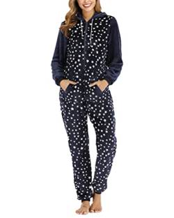 shownicer Jumpsuit Damen Schlafanzug Onesie Schlafoveralls mit Kapuze Einteiler Pyjamas Langarm Strampler mit Reißverschluss Frauen Mädchen Overall H Blau M von shownicer