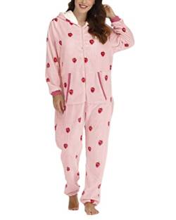 shownicer Jumpsuit Damen Schlafanzug Onesie Schlafoveralls mit Kapuze Einteiler Pyjamas Langarm Strampler mit Reißverschluss Frauen Mädchen Overall K Rosa XXL von shownicer