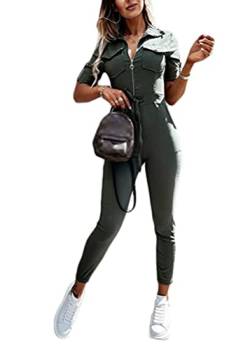 shownicer Jumpsuit Damen Sommer V Ausschnitt Overall Kurzarm Einteiler Elegant Lang Hosenanzug Playsuit Jogginganzug Romper mit Gürtel Strampler Spielanzug Z Armeegrün M von shownicer