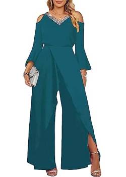 shownicer Jumpsuit Festlich Hochzeit Damen Lang Weites Bein Elegant Overall Spitze Ärmel Hosenanzug Playsuit Romper H Blau02 L von shownicer