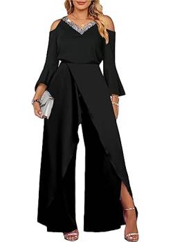 shownicer Jumpsuit Festlich Hochzeit Damen Lang Weites Bein Elegant Overall Spitze Ärmel Hosenanzug Playsuit Romper H Schwarz S von shownicer