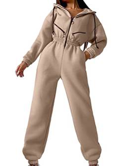 shownicer Jumpsuits Damen Overall mit Kapuze Onesie Jogging Anzug Trainingsanzug Elegant Lang Jumpsuit Einfarbig Hosenanzug Playsuit Romper mit Reißverschluss A Aprikose L von shownicer