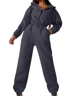 shownicer Jumpsuits Damen Overall mit Kapuze Onesie Jogging Anzug Trainingsanzug Elegant Lang Jumpsuit Einfarbig Hosenanzug Playsuit Romper mit Reißverschluss A Grau L von shownicer