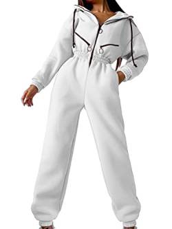 shownicer Jumpsuits Damen Overall mit Kapuze Onesie Jogging Anzug Trainingsanzug Elegant Lang Jumpsuit Einfarbig Hosenanzug Playsuit Romper mit Reißverschluss A Weiß L von shownicer