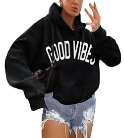 shownicer Kapuzenpullover Für Damen Herbst Winter Hoodie Letter Print Sweatshirt Lose Casual Langarm Hip Hop Langarmshirt Pullover mit Kapuze Sport Outerwear Y2 Schwarz S von shownicer