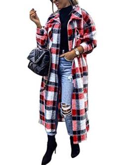 shownicer Kariertes Taschen Knöpfen Langarm Oversize Bluse Mantel Hemdjacke Holzfällerjacke Damen Mode Z2 Rot XS von shownicer