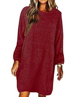 shownicer Kleider Damen Elegant Strickkleid Rundhals Langarm Stretch Pullikleid Warme Lang Plüsch Herbst Winter Minikleid Tunikakleider Pulloverkleid Rot 3XL von shownicer