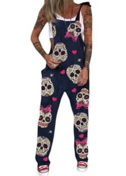 shownicer Latzhose Damen Baggy Latzhose Jumpsuit Casual Skull Print Retro Overalls Lose Hose Loose Fit Overall Rompers A Rosa L von shownicer