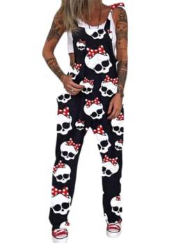 shownicer Latzhose Damen Baggy Latzhose Jumpsuit Casual Skull Print Retro Overalls Lose Hose Loose Fit Overall Rompers A Rot L von shownicer