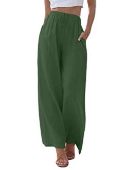 shownicer Leinenhose Damen Leichte Weite Beine Hose Sommer Freizeithose Einfarbig Loose Strandhose Elastischer High Waist Sommerhose Baumwolle Leinen Hose mit Kordelzug und Taschen C Grün S von shownicer