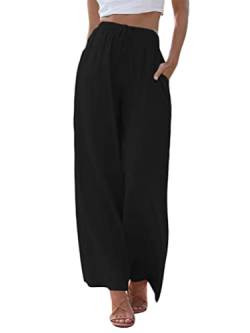 shownicer Leinenhose Damen Leichte Weite Beine Hose Sommer Freizeithose Einfarbig Loose Strandhose Elastischer High Waist Sommerhose Baumwolle Leinen Hose mit Kordelzug und Taschen C Schwarz XL von shownicer