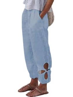 shownicer Leinenhose Damen Sommer Lang Leichte Freizeithose Haremshose Cut Out Hose Loose Fit Bequem Stoffhose Lässige Sommerhose Strandhose 7/8 Lang Weites Bein Hosen mit Tasche A Blau M von shownicer