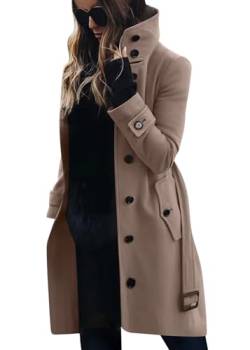 shownicer Mantel Damen Trenchcoat Langer Herbst Winter Revers Wollmantel Jacke Lange Warm Parka Overcoat Elegant Einfarbig Cardigan Slim Fit Wollmantel Outwear C Khaki XL von shownicer