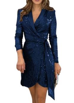 shownicer Mini Kleid Damen Slim Fit Glitzer Tunikakleid V-Ausschnitt Langarm Wickelkleid Hohe Taille Kurz Eleganter Abendkleider Bodycon Kleid A Blau S von shownicer