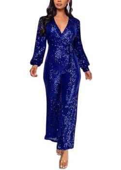 shownicer Overall Damen Jumpsuit V-Ausschnitt Langarm Elegant Bodysuit Pailletten Eng Einteiler Hohe Taille Playsuit A Blau XXL von shownicer