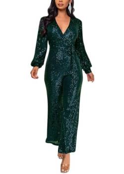 shownicer Overall Damen Jumpsuit V-Ausschnitt Langarm Elegant Bodysuit Pailletten Eng Einteiler Hohe Taille Playsuit A Dunkelgrün S von shownicer