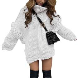 shownicer Pullover Damen Elegant Winter Rollkragenpullover Strickpullover Grobstrickpullover Casual Lose Langarm Pulli Oberteile Rollkragen Pulloverkleid Minikleid für Freizeit A Weiß S von shownicer