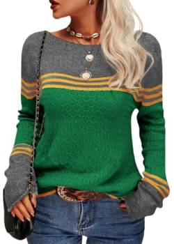 shownicer Pullover Damen Gestreift Strickpullover Rundhals Langarm Pulli Elegantes Colorblock Pullover Oberteile Tops Casual Warm Sweater Herbst Winter Sweatshirts A Grün3 L von shownicer