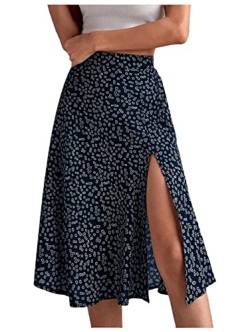 shownicer Rocke Damen Chiffon Midi Röcke Elegante Hohe Taille Boho Blumen Taille Rock Lang Sommer A-Linien Faltenrock Sommerrock Strandrock A Blau L von shownicer