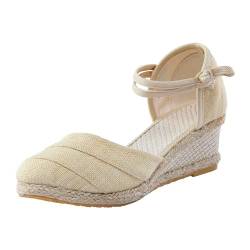 shownicer Sandalen Damen Plateau Keilsandalen Frauen Sandaletten Keilabsatz Sommerschuhe Platform Strassperle Knöchelriemen Sandalen E Beige 42 EU von shownicer