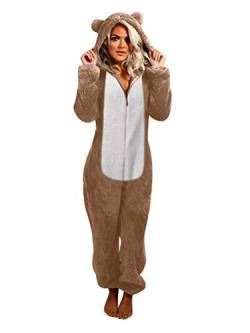 shownicer Schlafanzug Damen Jumpsuit Einteiler Winter Warm Fleece Kuschelig Lang Schlafoverall Pyjama Hausanzug Mit Kapuze Reißverschluss Khaki 3XL von shownicer