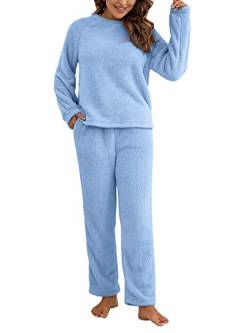 shownicer Schlafanzug Damen Lang Set Zweiteiliger Winter Warme Fleece Pyjama Plüsche Rundhals Sweatshirt Oberteile Einfarbig Hose Freizeithose Hausanzug Fuzzy Pyjamas Set A Blau XS von shownicer