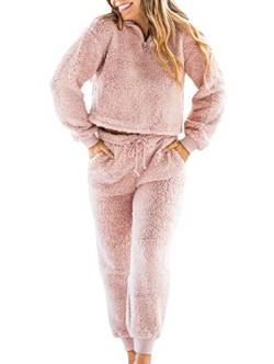 shownicer Schlafanzug Damen Lang Set Zweiteiliger Winter Warme Fleece Pyjama Plüsche Rundhals Sweatshirt Oberteile Einfarbig Hose Freizeithose Hausanzug Fuzzy Pyjamas Set B Rosa XS von shownicer