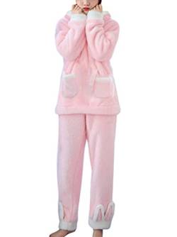 shownicer Schlafanzug Für Damen 2-Set Pyjama Mit Kapuze Oberteile Und Hosen Polar Fleece Hausanzug Warmes Süße Flanell Nachtwasche Für Frauen Winter Sleepwear Zweiteiliger C Rosa M von shownicer