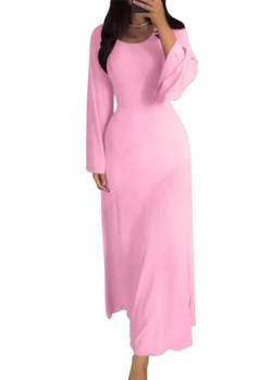 shownicer Strickkleid Damen Lang Rundhals Geripptes Pulloverkleid Langarm Sweater Tunika Einfarbig Herbst Winterkleid Warme Strick Sweater Kleid A Rosa XL von shownicer