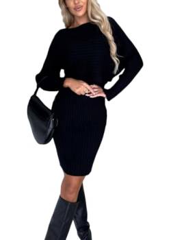 shownicer Strickkleid Damen Zweiteiliger Anzug Langarm Pullover Oberteil und Kleid Bodycon 2 Stück Set Hohe Elastizität Sweater Midikleid Pullikleid Gestrickt Kleid Set A Schwarz L von shownicer