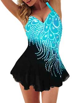 shownicer Tankini Damen Bauchweg Bademode Set Swimsuit Zweiteiliger Bademode mit Hot Pants Bikini Set Strand Schwimmanzug Badeanzüge A Blau XL von shownicer