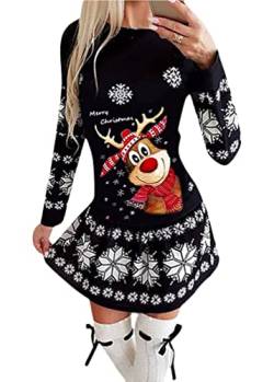 shownicer Weihnachtskleid Damen Rundhals Kleid Langer Pulloverkleid Lässiges Mode Kleider Pullover Frauen Pullikleid Wickelkleid Weihnachtsmann Muster Herbstkleid für Freizeit Party B Schwarz XS von shownicer