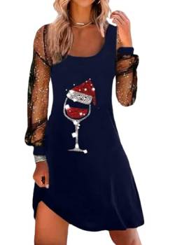 shownicer Weihnachtskleid Damen Weihnachten Rot Weinglas Druck Minikleid Sexy Mesh Partykleid Lose Rundhals Langarm Kleider Herbst Winter Christmas Festkleid A Blau XL von shownicer