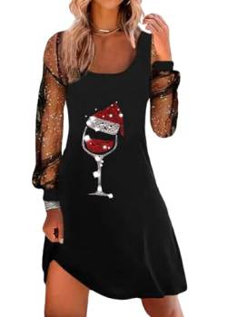 shownicer Weihnachtskleid Damen Weihnachten Rot Weinglas Druck Minikleid Sexy Mesh Partykleid Lose Rundhals Langarm Kleider Herbst Winter Christmas Festkleid A Schwarz L von shownicer