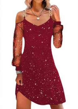 shownicer Weihnachtskleid Damen Weihnachten Rot Weinglas Druck Minikleid Sexy Mesh Partykleid Lose Rundhals Langarm Kleider Herbst Winter Christmas Festkleid B Rot M von shownicer