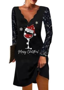 shownicer Weihnachtskleid Damen Weihnachten Rot Weinglas Druck Minikleid Sexy Mesh Partykleid Lose Rundhals Langarm Kleider Herbst Winter Christmas Festkleid C Schwarz L von shownicer