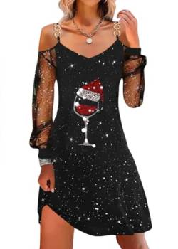 shownicer Weihnachtskleid Damen Weihnachten Rot Weinglas Druck Minikleid Sexy Mesh Partykleid Lose Rundhals Langarm Kleider Herbst Winter Christmas Festkleid D Schwarz XL von shownicer