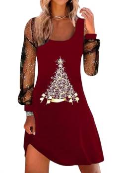 shownicer Weihnachtskleid Damen Weihnachten Rot Weinglas Druck Minikleid Sexy Mesh Partykleid Lose Rundhals Langarm Kleider Herbst Winter Christmas Festkleid F Rot 3XL von shownicer